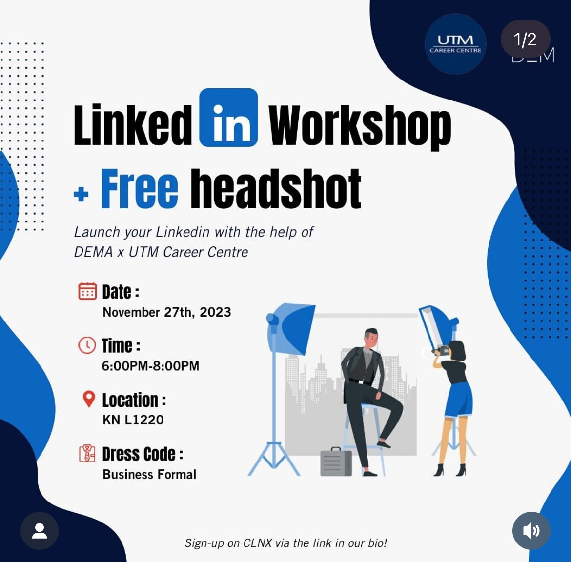 DEMA × UTM Career Centre LinkedIn Workshop event poster with bold typography on blue and white
