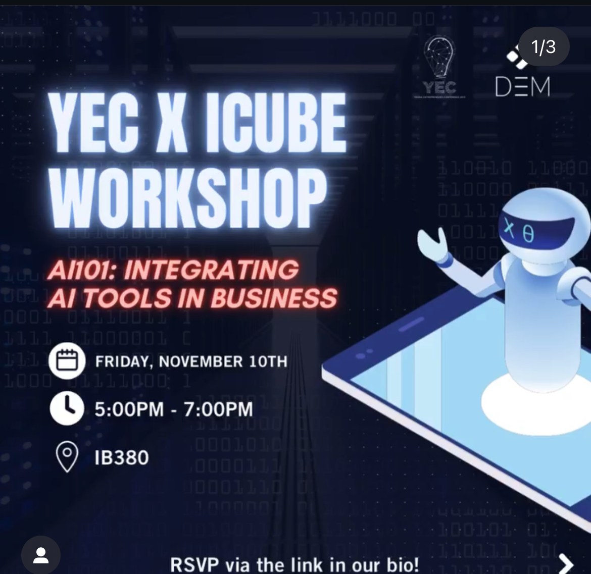 DEMA YEC × ICUBE AI Tools in Business workshop poster with dark blue and red typography