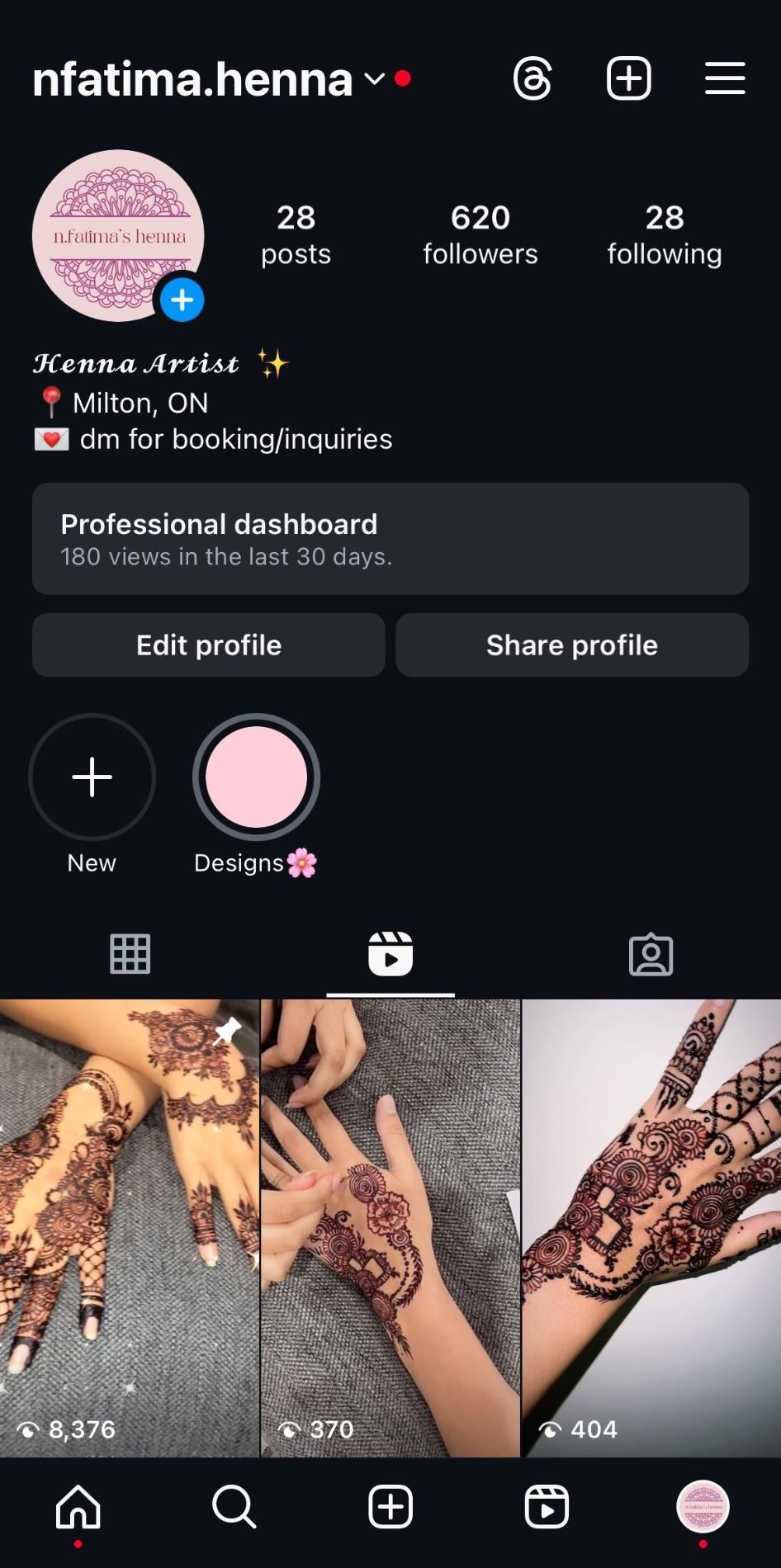 Instagram profile for n.fatima's henna showing 620 followers, Henna Artist bio with Milton ON location, and grid of henna design work