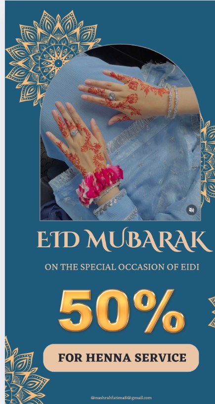 Eid Mubarak Instagram promotional graphic for 50% off henna service featuring henna-decorated hands with gold mandala accents on teal background
