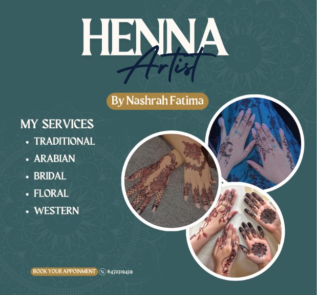 Henna Artist services Instagram post listing Traditional, Arabian, Bridal, Floral, and Western styles on green background
