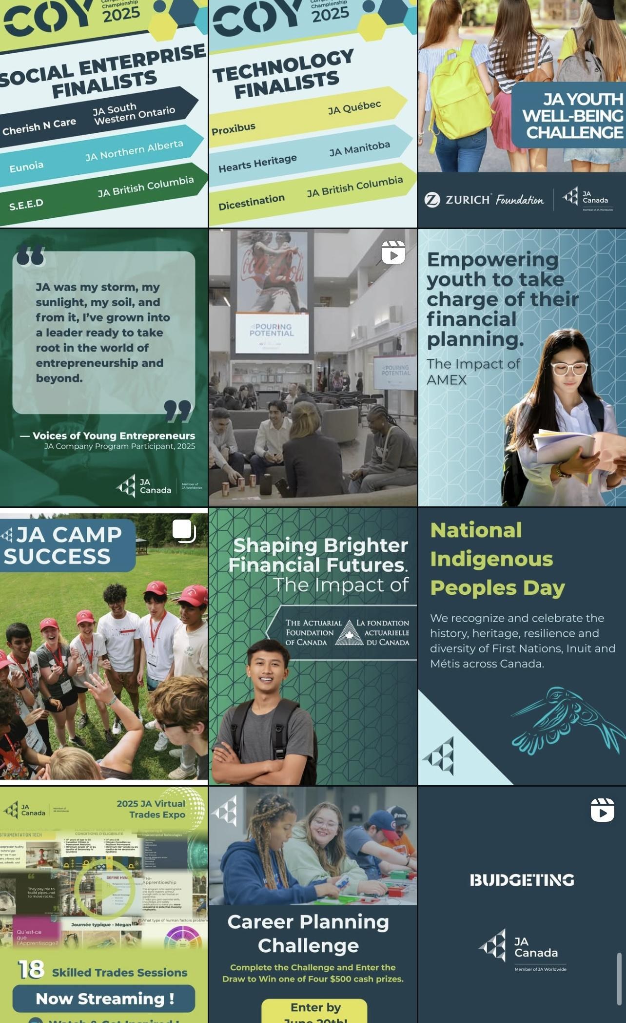 JA Canada Instagram grid showing campaigns including Company of the Year finalists, JA Youth Well-Being Challenge, National Indigenous Peoples Day, AMEX financial planning, and JA Camp Success