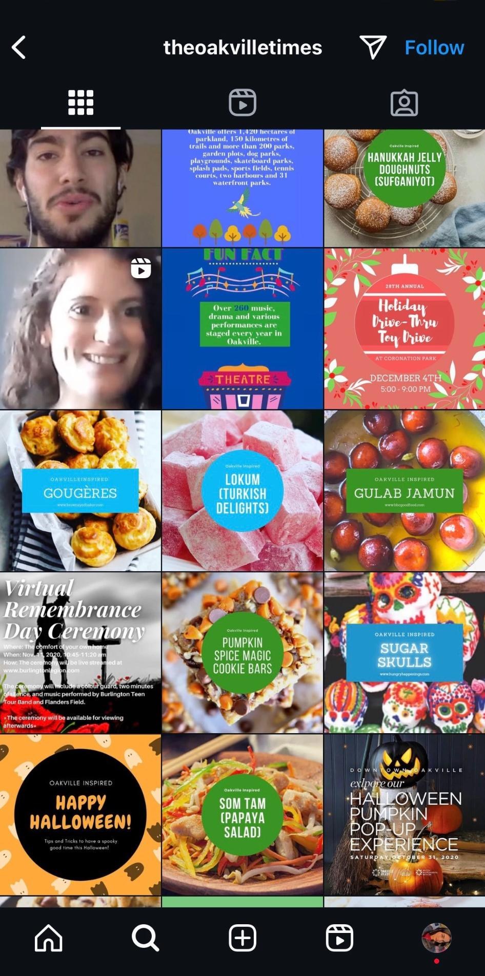 The Oakville Times Instagram feed showcasing food posts including Hanukkah doughnuts, Lokum, Gulab Jamun, and Holiday Drive-Thru Toy Drive