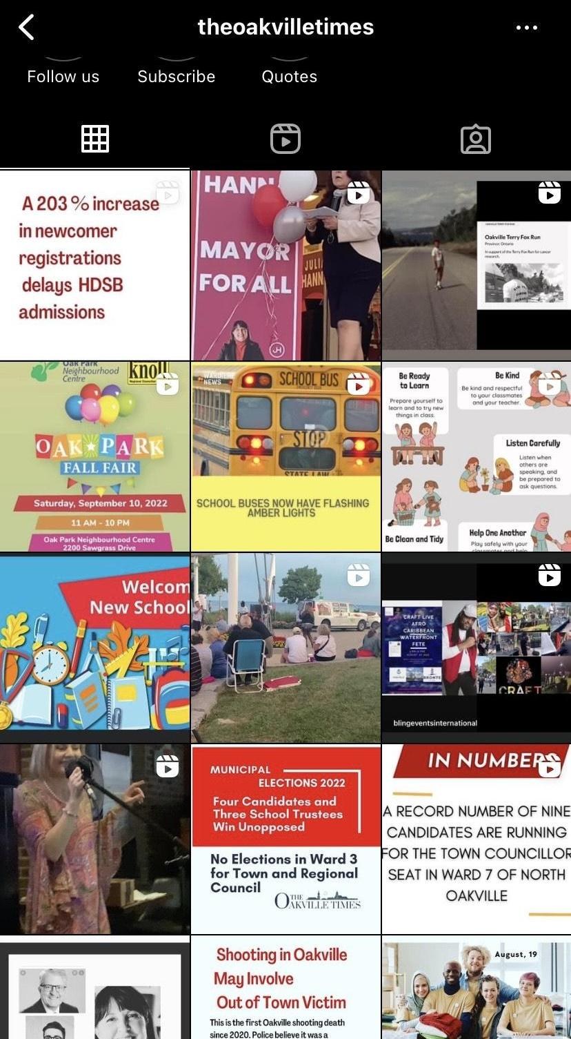 The Oakville Times Instagram feed showing local news content including Mayor for All campaign, Oak Park Fall Fair, Terry Fox Run, and municipal election coverage