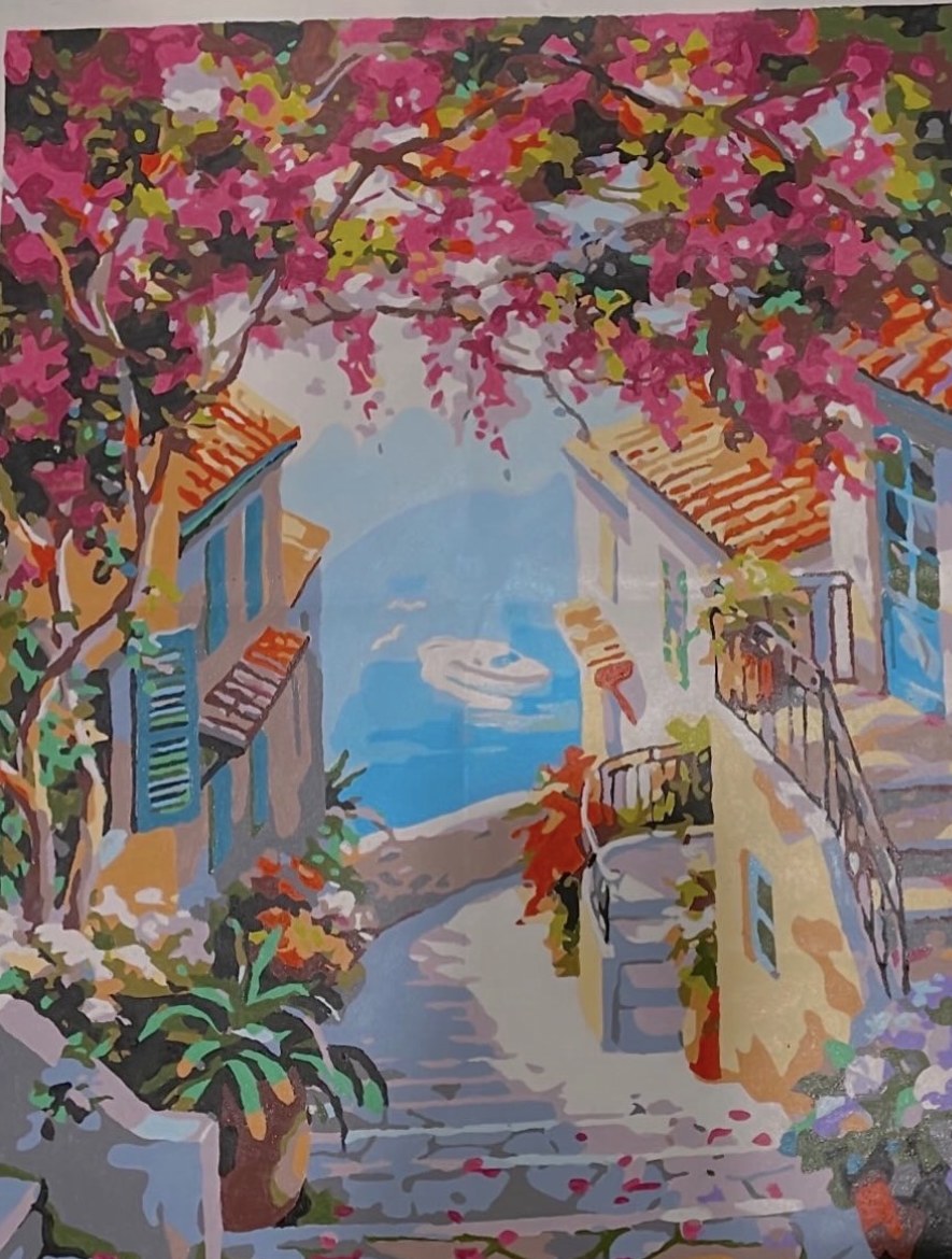 Painting by Nashrah of a Mediterranean street scene with bougainvillea blooms overhead, stone steps descending toward a blue harbour