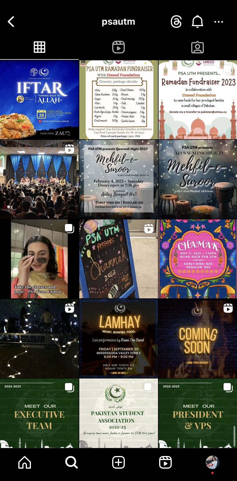 Pakistan Student Association UTM Instagram grid with event posters for Iftar, Ramadan Fundraiser, Mehfil-e-Suroor Qawwali Night, Chamak, Lamhay live music event, and executive team announcements